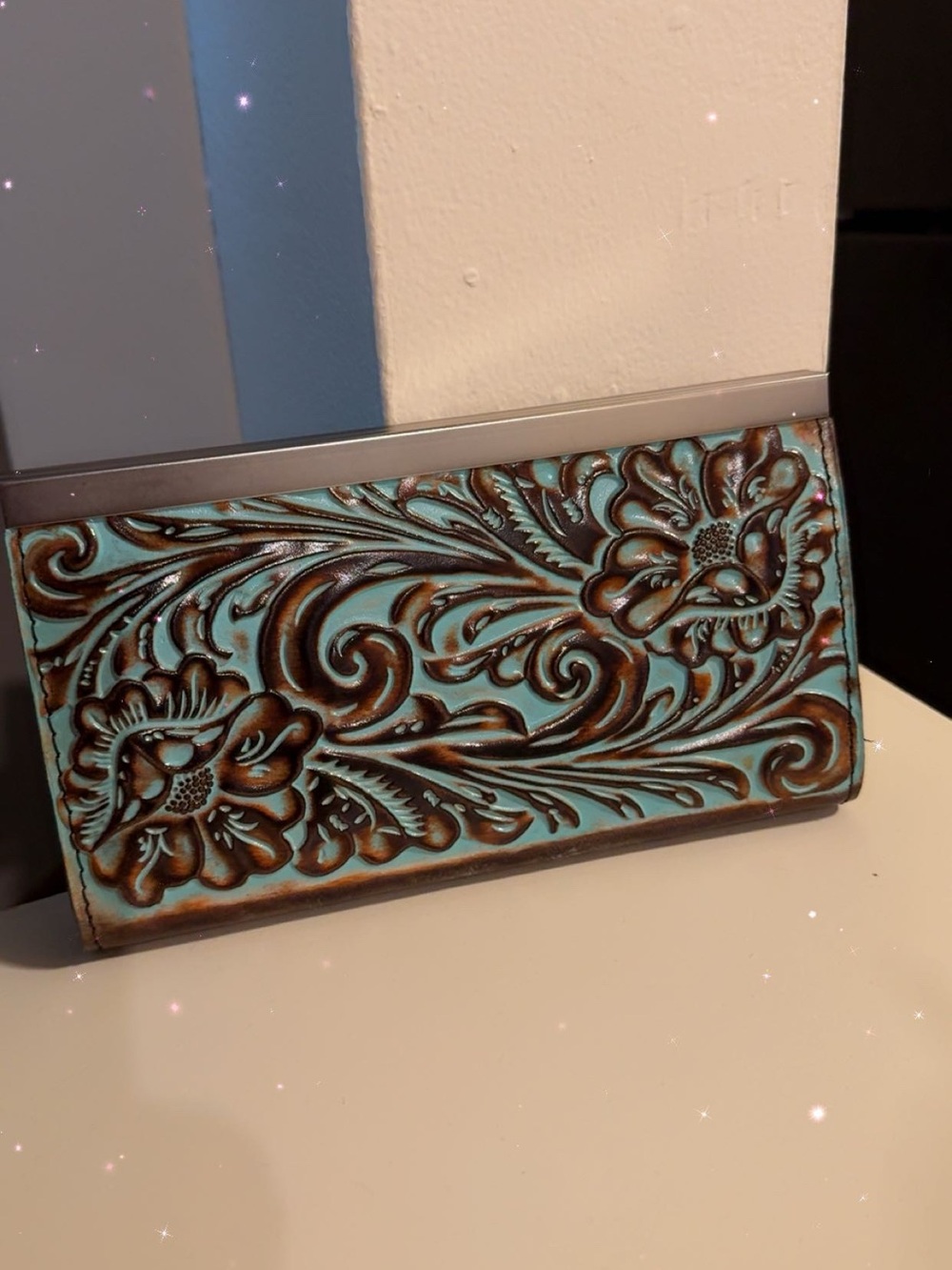 Patricia Nash Turquoise Tooled Floral Leather Wallet Clutch with Brown Accents, - Picture 4 of 6
